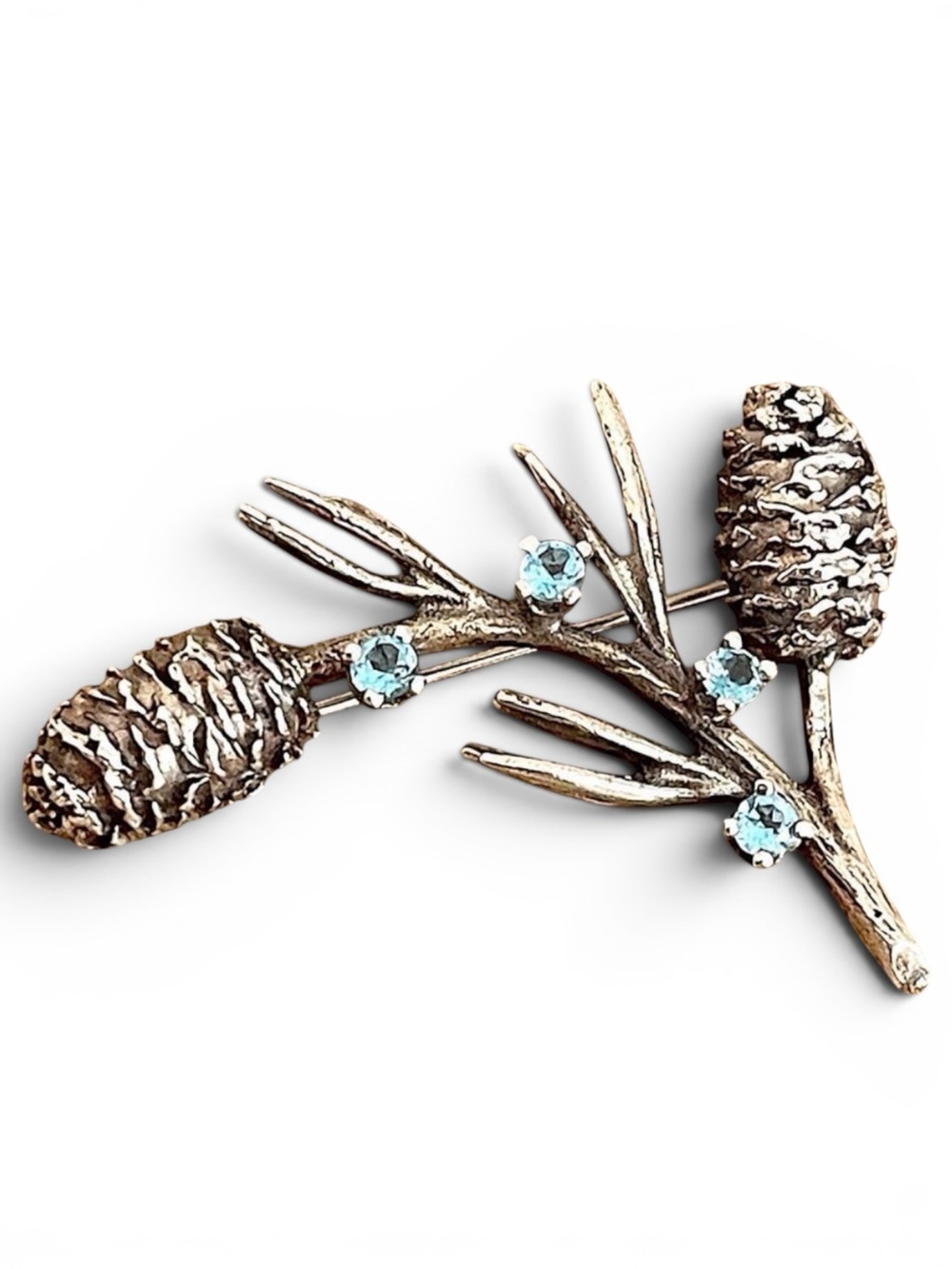 Vintage MFA Museum of Fine Arts Sterling Silver Pine Cone Bough Blue Pin Brooch